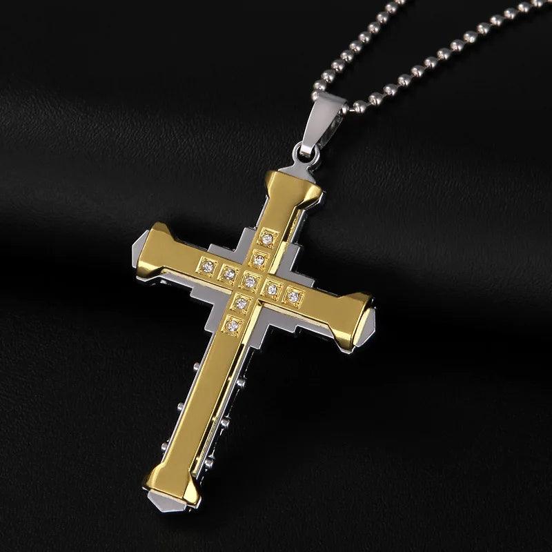 New Fashion Cross Necklace for Men Jesus Crystal Cross Pendant Necklace Black Silver Color Stainless Steel Necklace Jewelry - Leo’s Look Your Best 