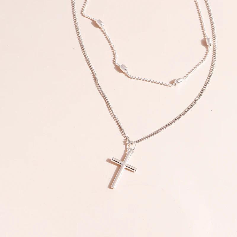 Romantic Cross Pendants Necklace for Women Gold Silver Color Multilayered Oval Beads Chain Necklace Minimalism Female Jewelry - Leo’s Look Your Best 