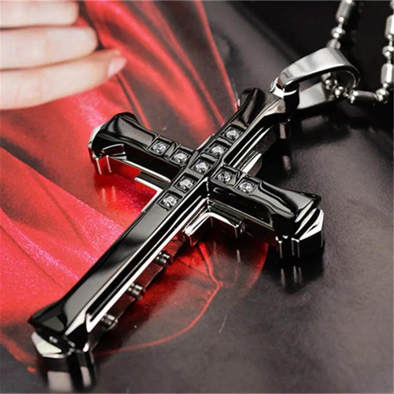 New Fashion Cross Necklace for Men Jesus Crystal Cross Pendant Necklace Black Silver Color Stainless Steel Necklace Jewelry - Leo’s Look Your Best 