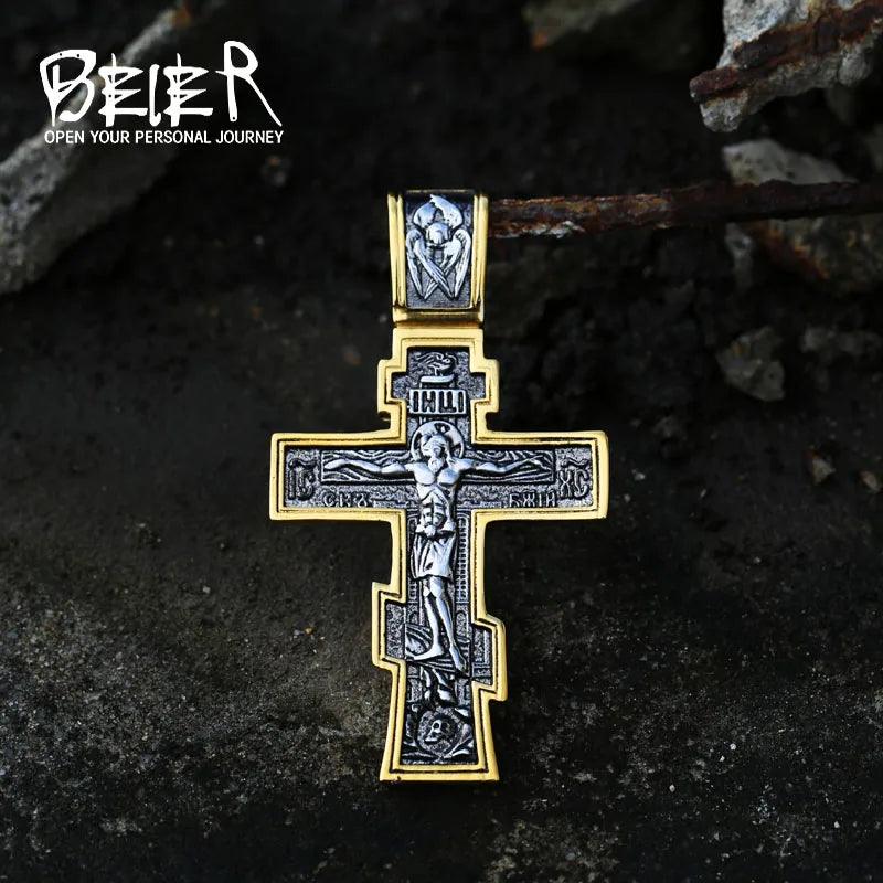 Men's Stainless Steel Crucifix Eastern Orthodox Pendant Chain Necklace Jewelry BP8-515 - Leo’s Look Your Best 