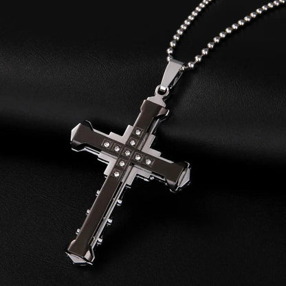 New Fashion Cross Necklace for Men Jesus Crystal Cross Pendant Necklace Black Silver Color Stainless Steel Necklace Jewelry - Leo’s Look Your Best 