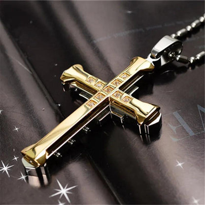 New Fashion Cross Necklace for Men Jesus Crystal Cross Pendant Necklace Black Silver Color Stainless Steel Necklace Jewelry - Leo’s Look Your Best 