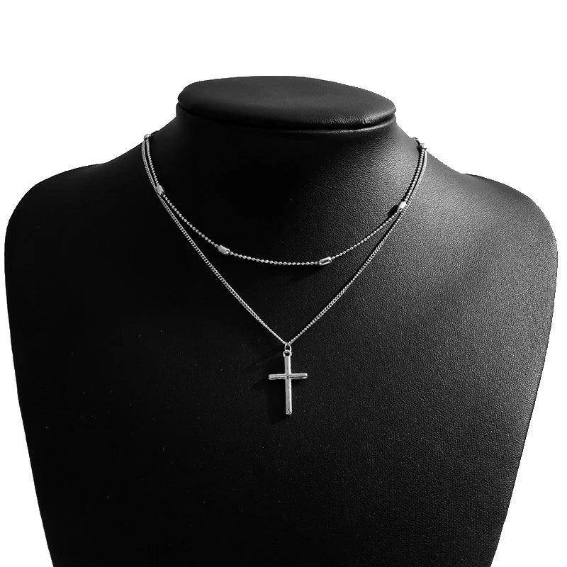 Romantic Cross Pendants Necklace for Women Gold Silver Color Multilayered Oval Beads Chain Necklace Minimalism Female Jewelry - Leo’s Look Your Best 