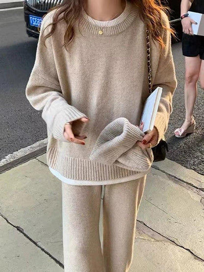 Classic Style Cashmere Sweater Suit Women's Autumn and Winter Fancy Lazy and Loose Knitted Top Wide Leg Pants Two-Piece Set - Leo’s Look Your Best 