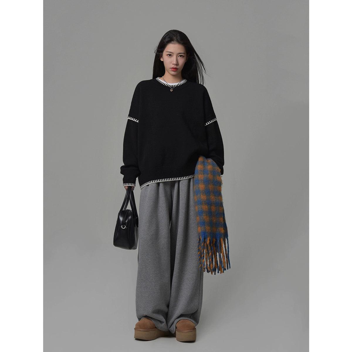 Sixi Sixi Spring Stitching Wire Trace Contrast Color round Neck Pullover Knitted Sweater Female Loose Design Blouse - Leo’s Look Your Best 