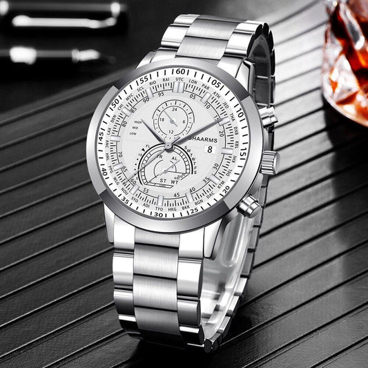 Men's steel strap double scale watch Fake eyes calendar quartz watch Business watch men's