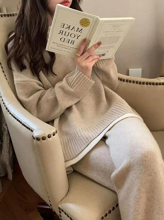 Classic Style Cashmere Sweater Suit Women's Autumn and Winter Fancy Lazy and Loose Knitted Top Wide Leg Pants Two-Piece Set - Leo’s Look Your Best 