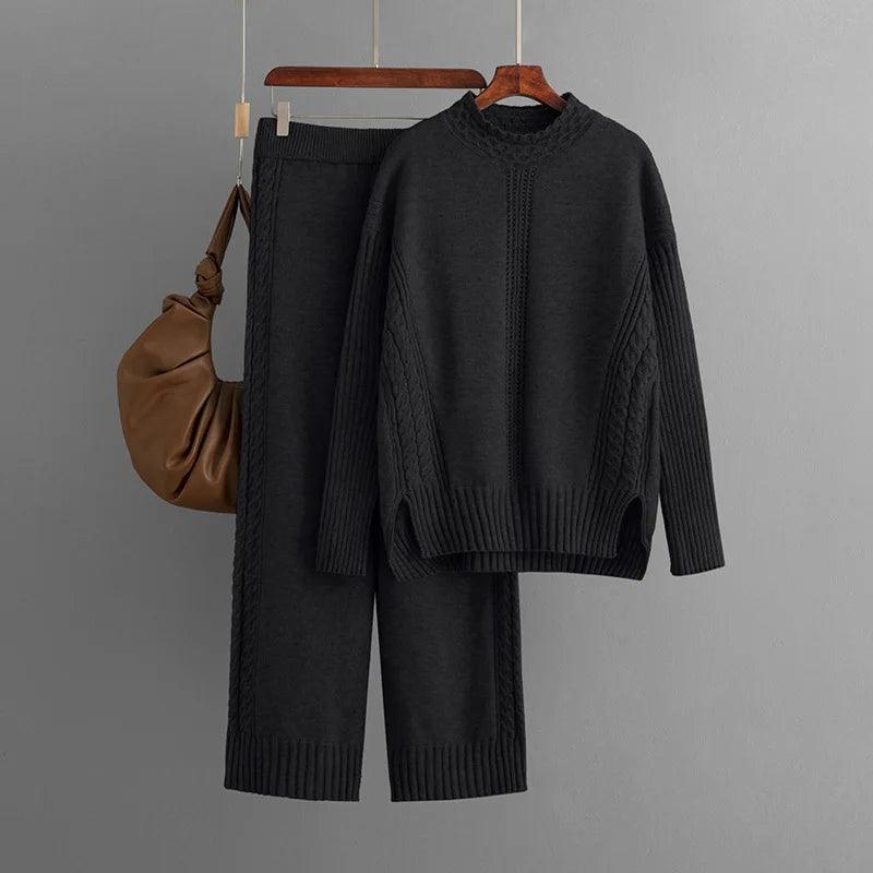 Winter Warm Knitwears Two Piece Sets For Women Outfits Office Ladies Elegant Solid Side Split Pullover Knitted Sweater+pants Set - Leo’s Look Your Best 