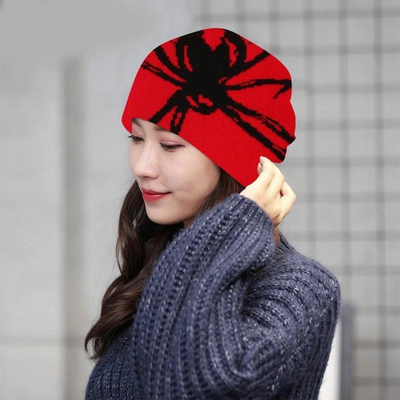 Punk Teens Halloween Beanie Hat Knit Hat with Jacquard Spiders Pattern Ski Hat - Leo’s Look Your Best 