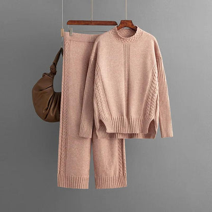 Winter Warm Knitwears Two Piece Sets For Women Outfits Office Ladies Elegant Solid Side Split Pullover Knitted Sweater+pants Set - Leo’s Look Your Best 