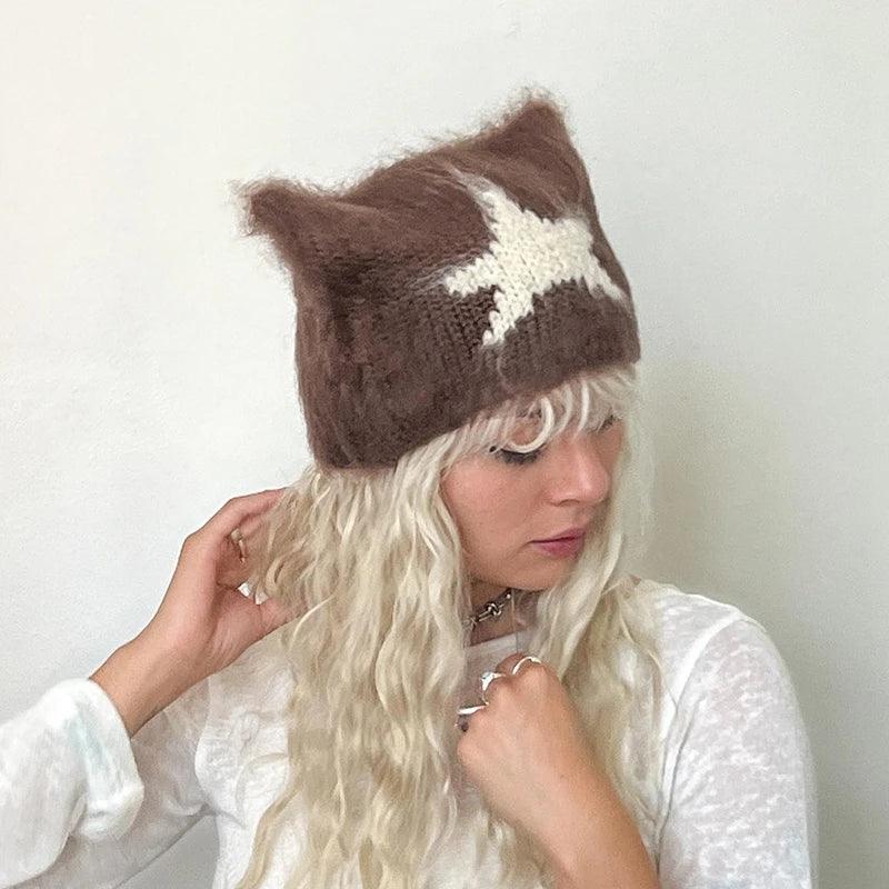 Women Y2k Crochet Beanie Hat Cute Cat Ear Hats Goth Knitted Hats Grunge Slouchy Accessory Warm Winter Cap for Outdoor - Leo’s Look Your Best 