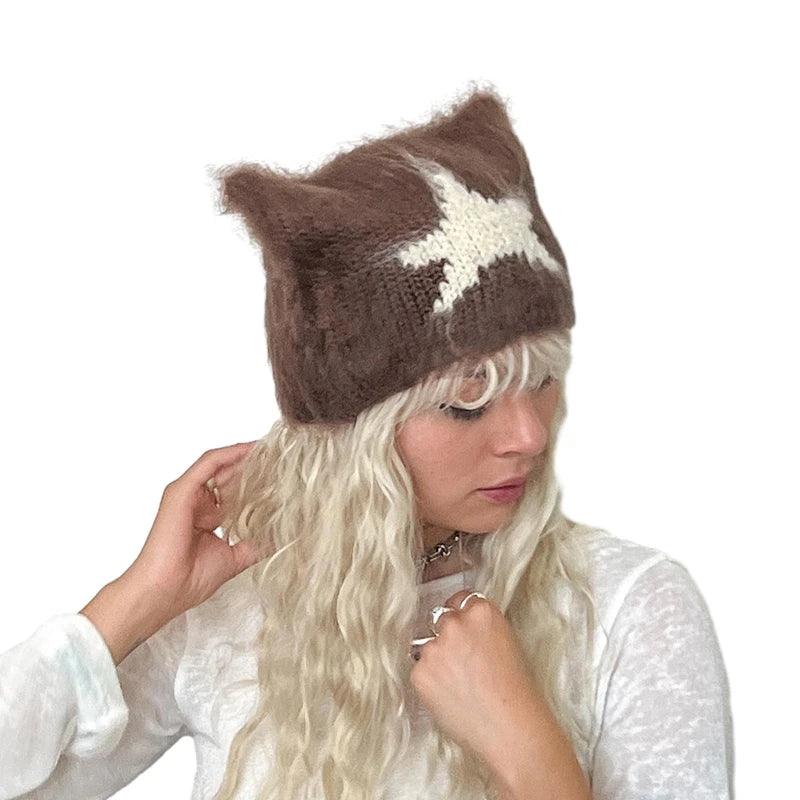 Women Y2k Crochet Beanie Hat Cute Cat Ear Hats Goth Knitted Hats Grunge Slouchy Accessory Warm Winter Cap for Outdoor - Leo’s Look Your Best 