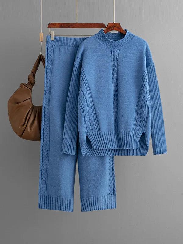 Winter Warm Knitwears Two Piece Sets For Women Outfits Office Ladies Elegant Solid Side Split Pullover Knitted Sweater+pants Set - Leo’s Look Your Best 