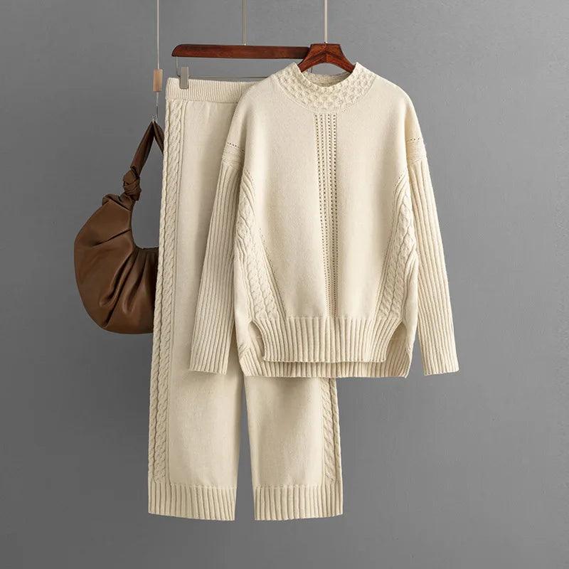 Winter Warm Knitwears Two Piece Sets For Women Outfits Office Ladies Elegant Solid Side Split Pullover Knitted Sweater+pants Set - Leo’s Look Your Best 