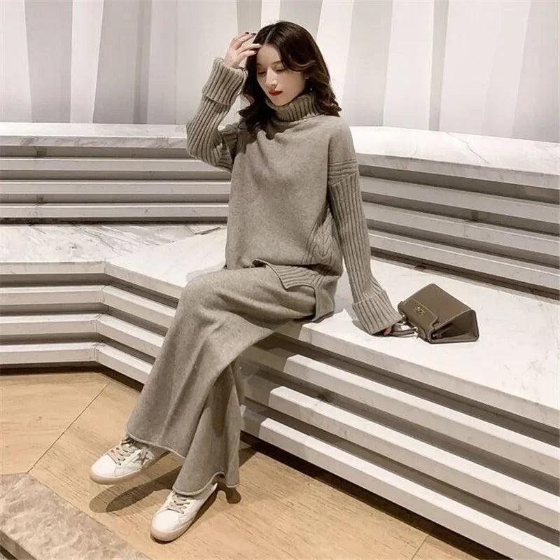 Sweater Set Warm suit for Women Winter Knitted Suits 2 Piece Set Soild Turtleneck Sweater + Loose Trousers Office Lady Suit - Leo’s Look Your Best 