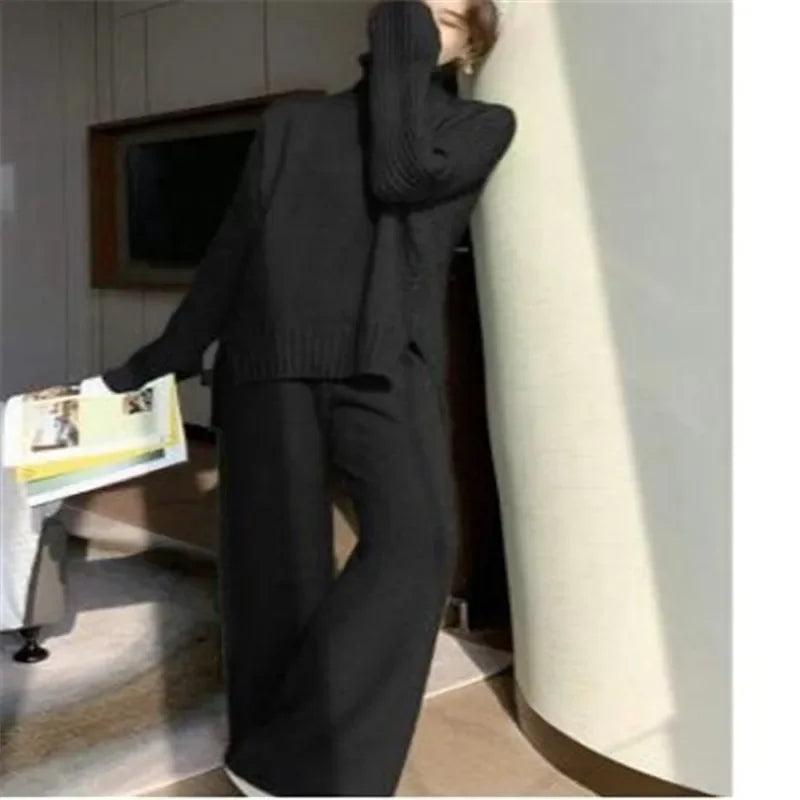 Sweater Set Warm suit for Women Winter Knitted Suits 2 Piece Set Soild Turtleneck Sweater + Loose Trousers Office Lady Suit - Leo’s Look Your Best 