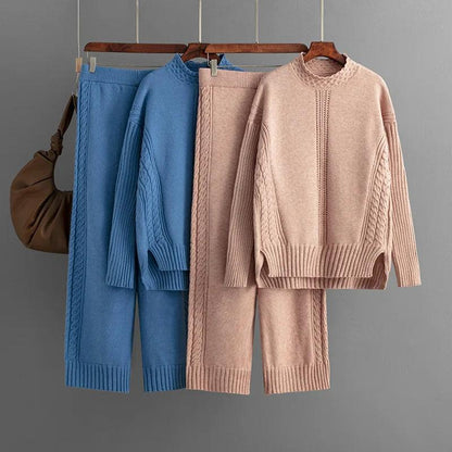 Winter Warm Knitwears Two Piece Sets For Women Outfits Office Ladies Elegant Solid Side Split Pullover Knitted Sweater+pants Set - Leo’s Look Your Best 