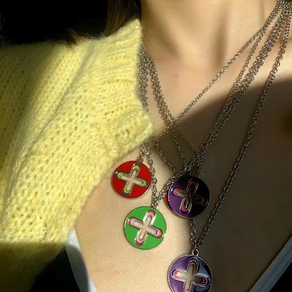 New Trendy Brand Cross Round Brand Dripping Oil Pendant Necklace Hip Hop Niche Design Personality Net Red Same Necklace - Leo’s Look Your Best 