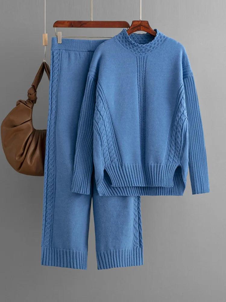 Winter Warm Knitwears Two Piece Sets For Women Outfits Office Ladies Elegant Solid Side Split Pullover Knitted Sweater+pants Set - Leo’s Look Your Best 