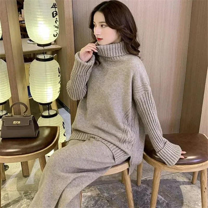 Sweater Set Warm suit for Women Winter Knitted Suits 2 Piece Set Soild Turtleneck Sweater + Loose Trousers Office Lady Suit - Leo’s Look Your Best 