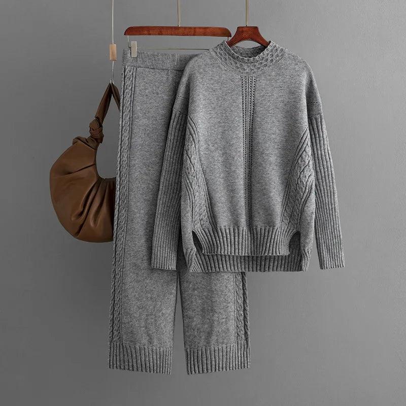 Winter Warm Knitwears Two Piece Sets For Women Outfits Office Ladies Elegant Solid Side Split Pullover Knitted Sweater+pants Set - Leo’s Look Your Best 