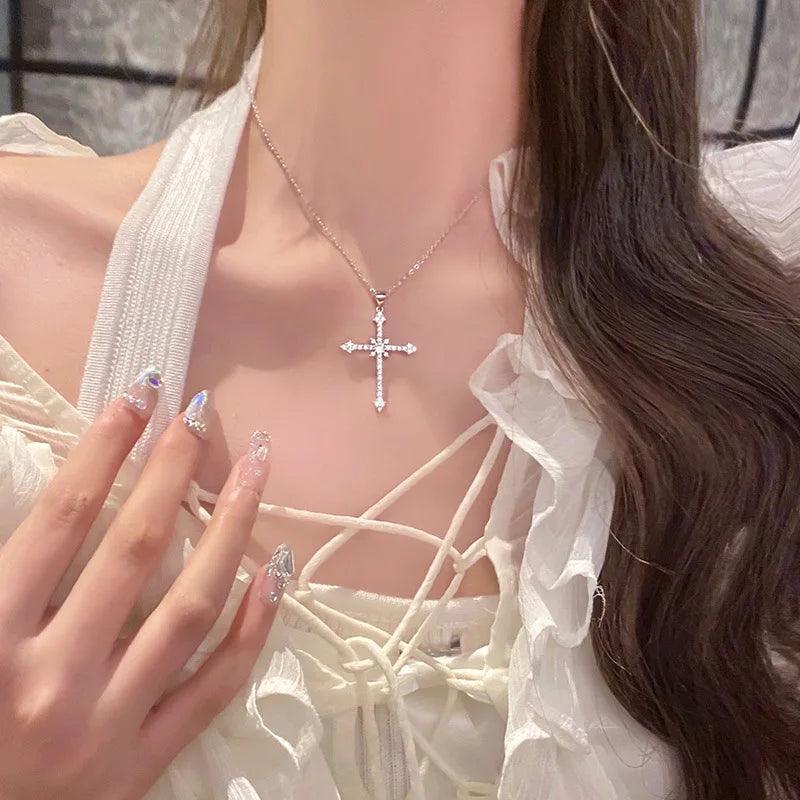 Kpop Cross Shaped Crystal Zircon Necklace For Women Sweet Cool Pendant Clavicle Chain Choker Valintines Day Gift Silver Jewelry - Leo’s Look Your Best 