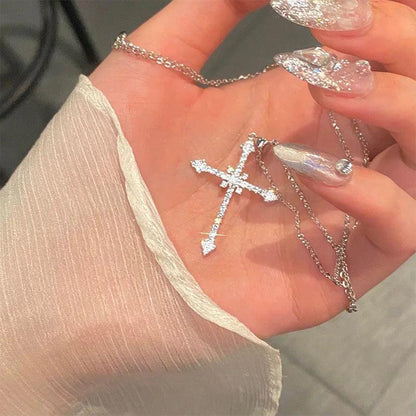 Kpop Cross Shaped Crystal Zircon Necklace For Women Sweet Cool Pendant Clavicle Chain Choker Valintines Day Gift Silver Jewelry - Leo’s Look Your Best 