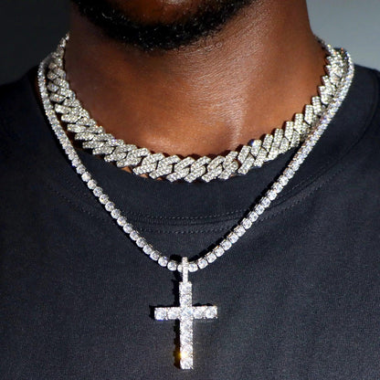 Hip Hop 2pcs Tennis Chain 14MM Prong Cuban Necklace For Men Women Iced Out 2 Row Cuban Link Chain Necklaces Couple Jewelry - Leo’s Look Your Best 