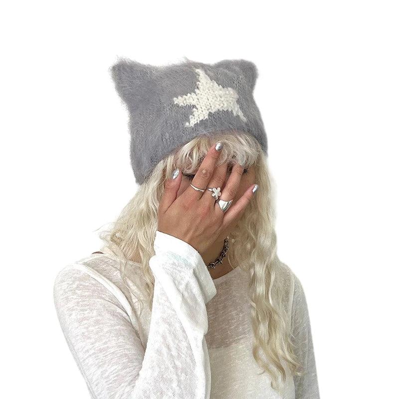 Women Y2k Crochet Beanie Hat Cute Cat Ear Hats Goth Knitted Hats Grunge Slouchy Accessory Warm Winter Cap for Outdoor - Leo’s Look Your Best 