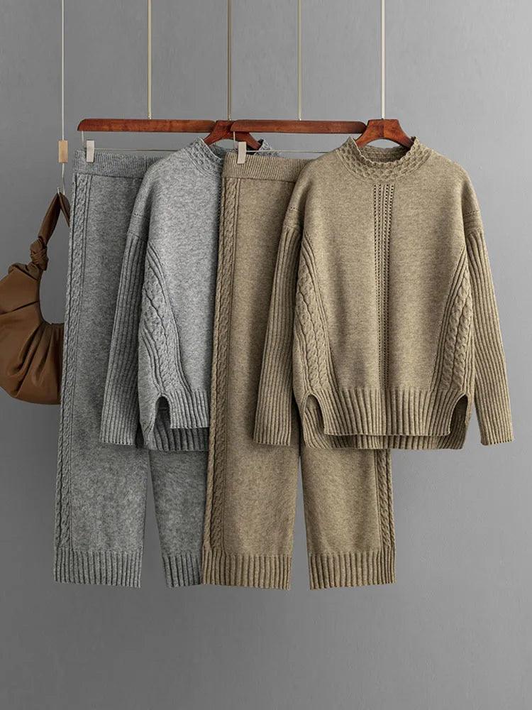 Winter Warm Knitwears Two Piece Sets For Women Outfits Office Ladies Elegant Solid Side Split Pullover Knitted Sweater+pants Set - Leo’s Look Your Best 