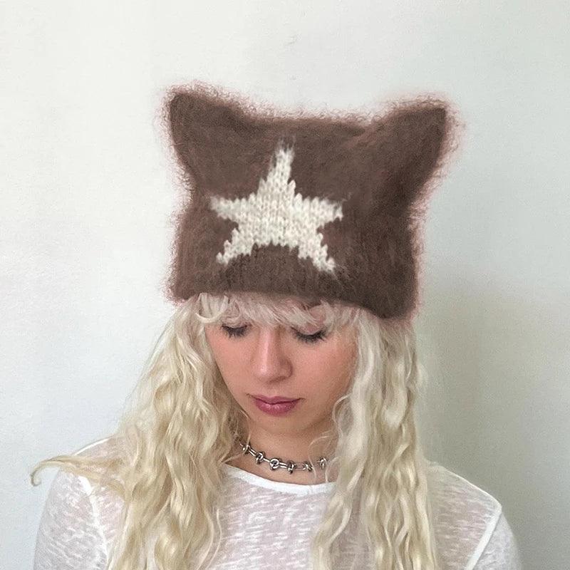 Women Y2k Crochet Beanie Hat Cute Cat Ear Hats Goth Knitted Hats Grunge Slouchy Accessory Warm Winter Cap for Outdoor - Leo’s Look Your Best 