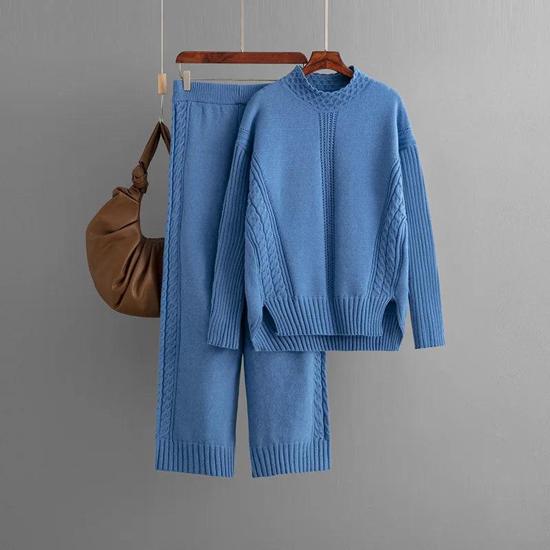 Winter Warm Knitwears Two Piece Sets For Women Outfits Office Ladies Elegant Solid Side Split Pullover Knitted Sweater+pants Set - Leo’s Look Your Best 