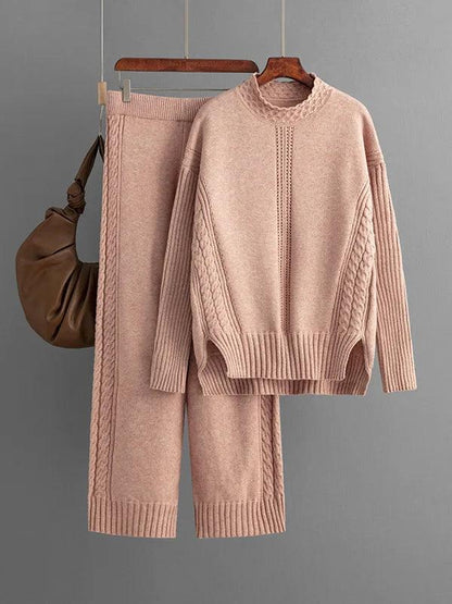 Winter Warm Knitwears Two Piece Sets For Women Outfits Office Ladies Elegant Solid Side Split Pullover Knitted Sweater+pants Set - Leo’s Look Your Best 