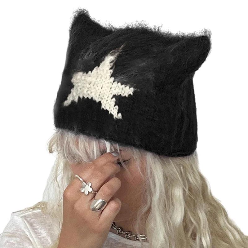 Women Y2k Crochet Beanie Hat Cute Cat Ear Hats Goth Knitted Hats Grunge Slouchy Accessory Warm Winter Cap for Outdoor - Leo’s Look Your Best 