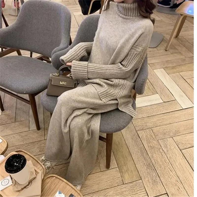 Sweater Set Warm suit for Women Winter Knitted Suits 2 Piece Set Soild Turtleneck Sweater + Loose Trousers Office Lady Suit - Leo’s Look Your Best 