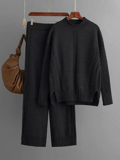 Winter Warm Knitwears Two Piece Sets For Women Outfits Office Ladies Elegant Solid Side Split Pullover Knitted Sweater+pants Set - Leo’s Look Your Best 