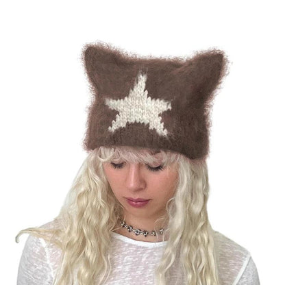 Women Y2k Crochet Beanie Hat Cute Cat Ear Hats Goth Knitted Hats Grunge Slouchy Accessory Warm Winter Cap for Outdoor - Leo’s Look Your Best 