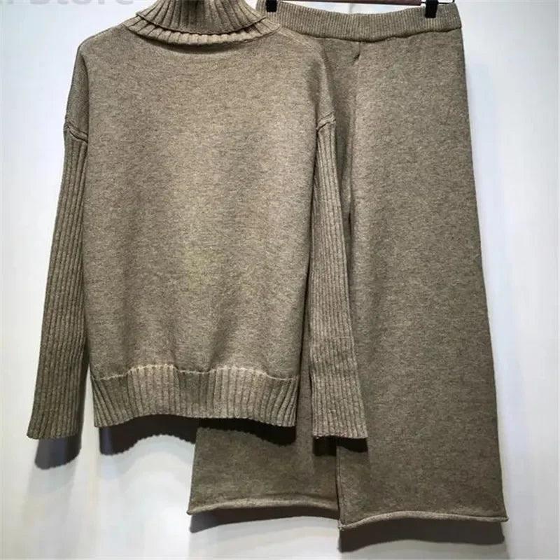 Sweater Set Warm suit for Women Winter Knitted Suits 2 Piece Set Soild Turtleneck Sweater + Loose Trousers Office Lady Suit - Leo’s Look Your Best 