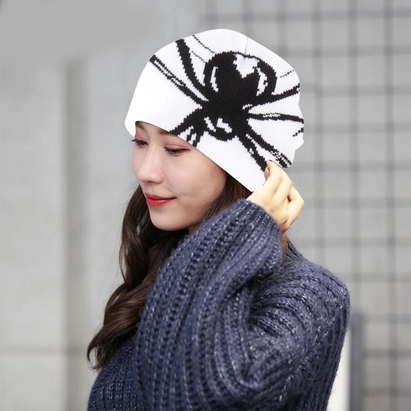 Punk Teens Halloween Beanie Hat Knit Hat with Jacquard Spiders Pattern Ski Hat - Leo’s Look Your Best 