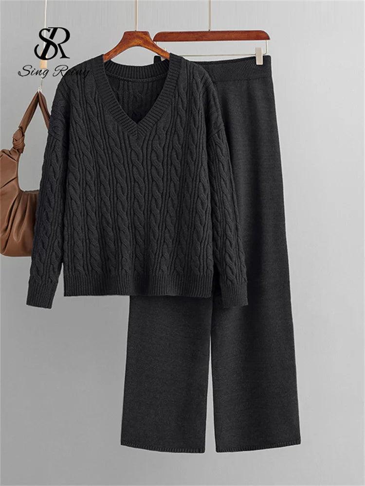 SINGREINY Autumn Loose Two Pieces Sets Women Twist Striped Sweater+Wide Legs Thick Long Pant Home Wear Casual Knitted Suits 2023 - Leo’s Look Your Best 