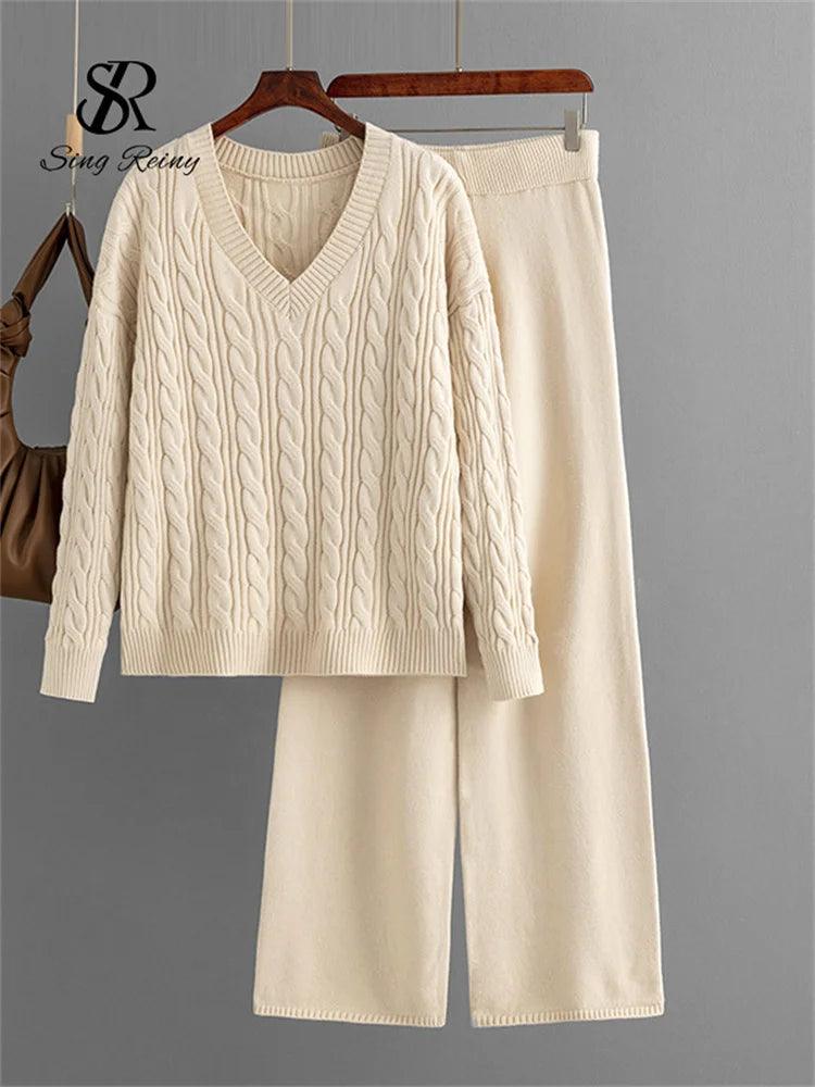 SINGREINY Autumn Loose Two Pieces Sets Women Twist Striped Sweater+Wide Legs Thick Long Pant Home Wear Casual Knitted Suits 2023 - Leo’s Look Your Best 