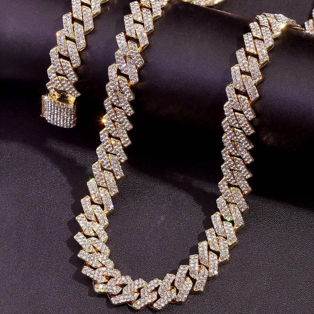 Hip Hop 2pcs Tennis Chain 14MM Prong Cuban Necklace For Men Women Iced Out 2 Row Cuban Link Chain Necklaces Couple Jewelry - Leo’s Look Your Best 