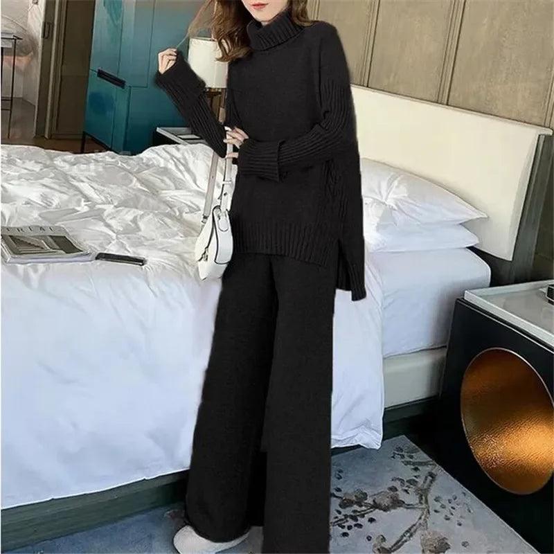 Sweater Set Warm suit for Women Winter Knitted Suits 2 Piece Set Soild Turtleneck Sweater + Loose Trousers Office Lady Suit - Leo’s Look Your Best 