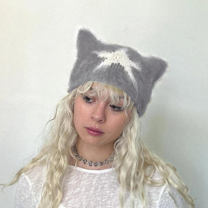 Women Y2k Crochet Beanie Hat Cute Cat Ear Hats Goth Knitted Hats Grunge Slouchy Accessory Warm Winter Cap for Outdoor - Leo’s Look Your Best 