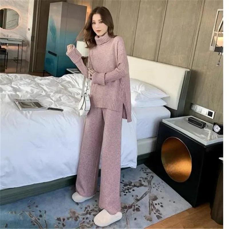 Sweater Set Warm suit for Women Winter Knitted Suits 2 Piece Set Soild Turtleneck Sweater + Loose Trousers Office Lady Suit - Leo’s Look Your Best 