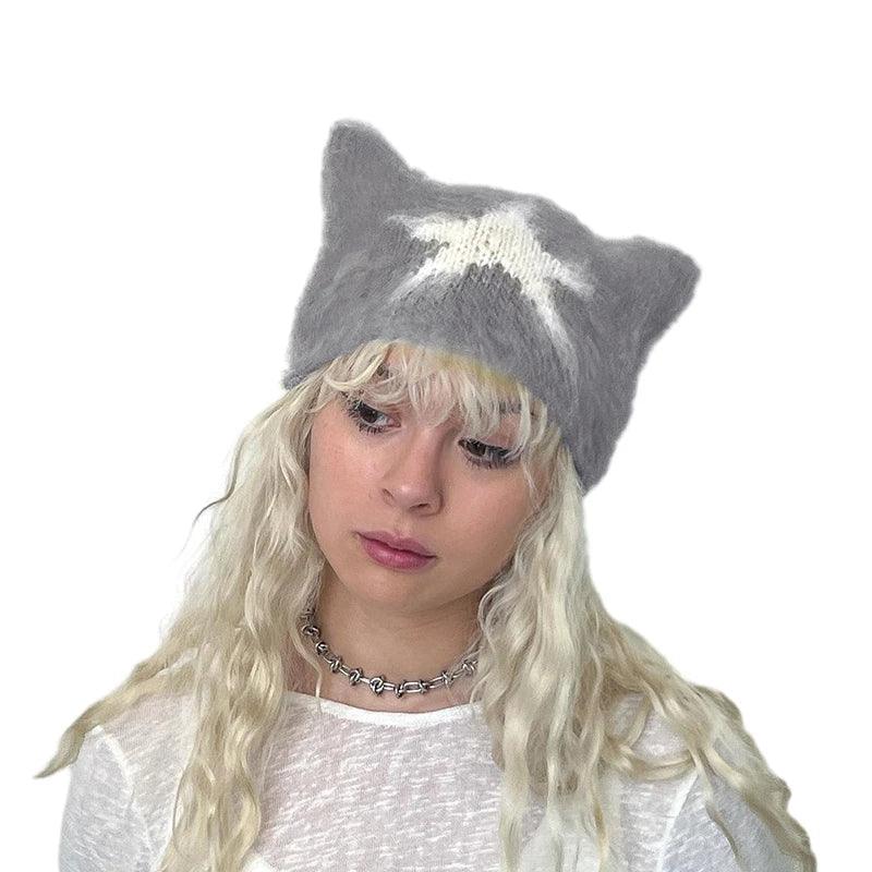 Women Y2k Crochet Beanie Hat Cute Cat Ear Hats Goth Knitted Hats Grunge Slouchy Accessory Warm Winter Cap for Outdoor - Leo’s Look Your Best 