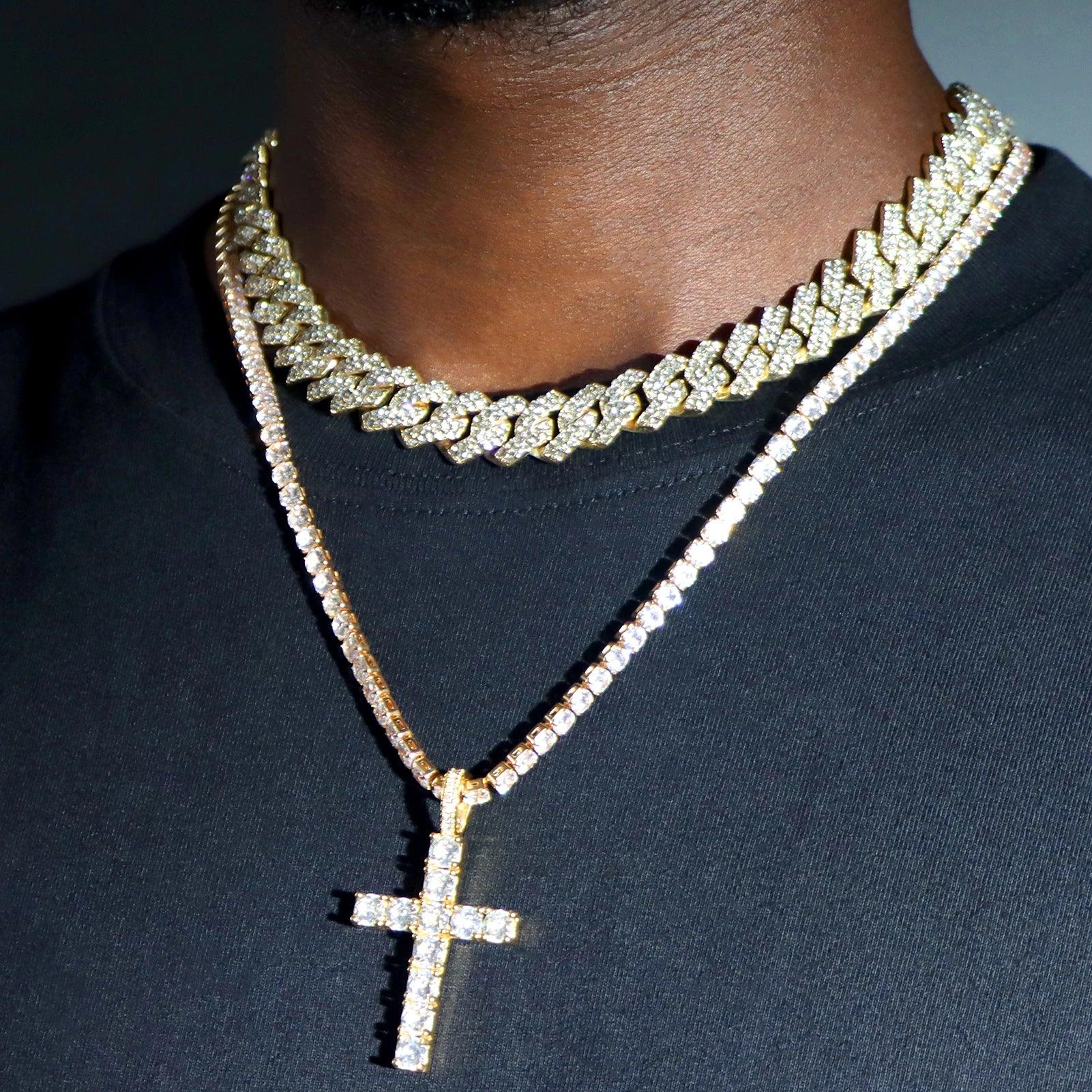 Hip Hop 2pcs Tennis Chain 14MM Prong Cuban Necklace For Men Women Iced Out 2 Row Cuban Link Chain Necklaces Couple Jewelry - Leo’s Look Your Best 