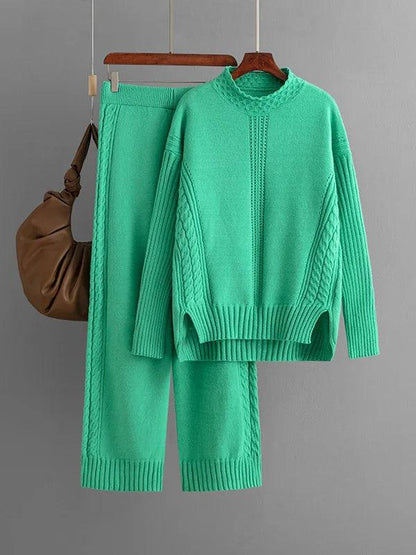 Winter Warm Knitwears Two Piece Sets For Women Outfits Office Ladies Elegant Solid Side Split Pullover Knitted Sweater+pants Set - Leo’s Look Your Best 