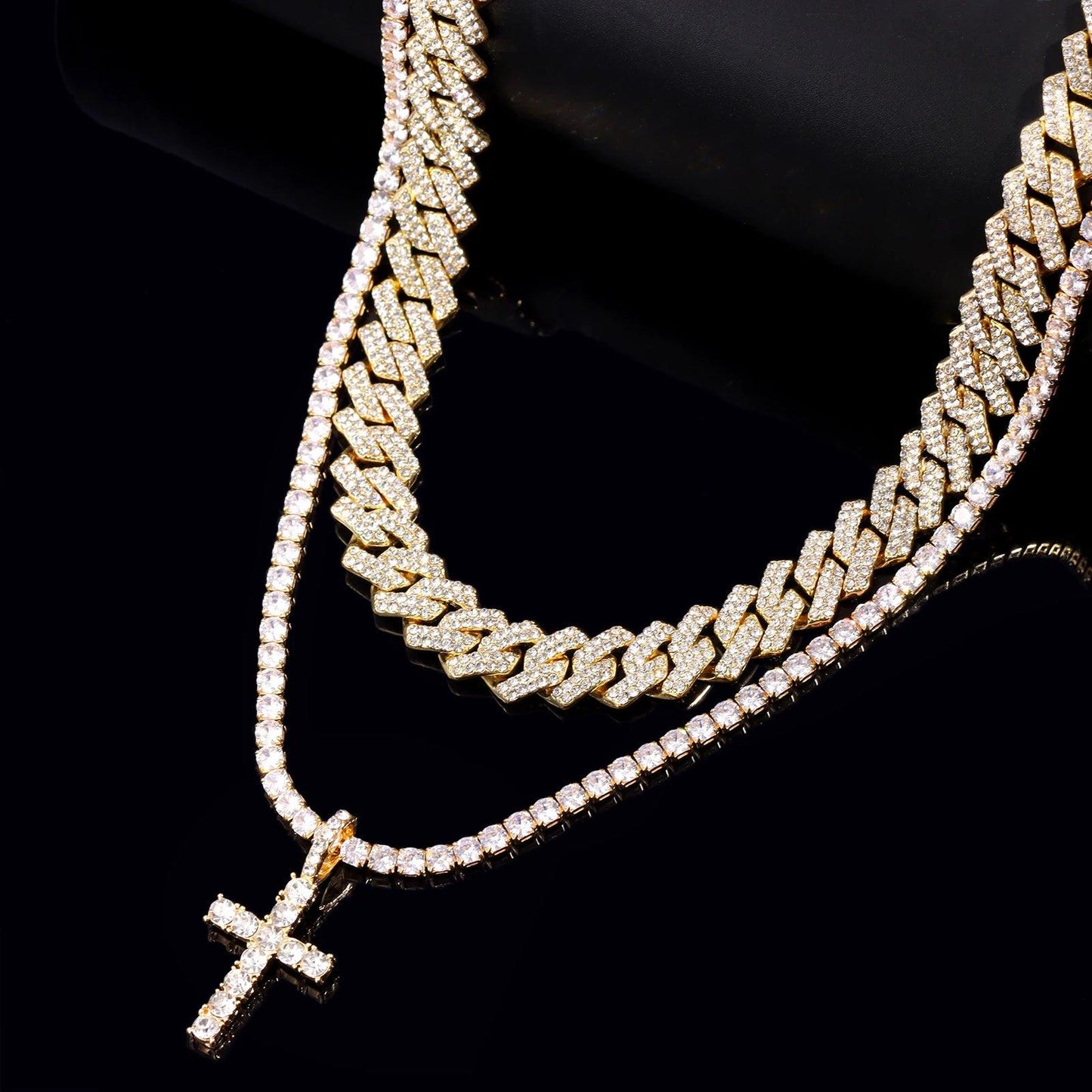 Hip Hop 2pcs Tennis Chain 14MM Prong Cuban Necklace For Men Women Iced Out 2 Row Cuban Link Chain Necklaces Couple Jewelry - Leo’s Look Your Best 