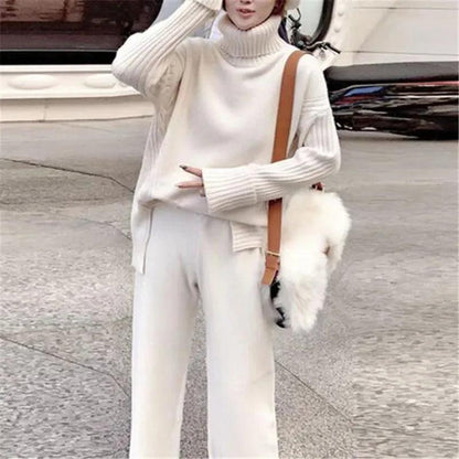 Sweater Set Warm suit for Women Winter Knitted Suits 2 Piece Set Soild Turtleneck Sweater + Loose Trousers Office Lady Suit - Leo’s Look Your Best 